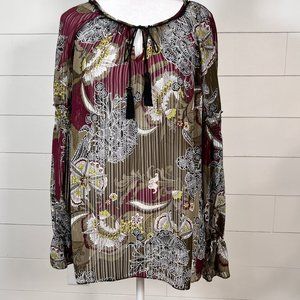 Jones New York Sheer Green and Burgundy Long Sleeve Floral Blouse w/ Tie Size M
